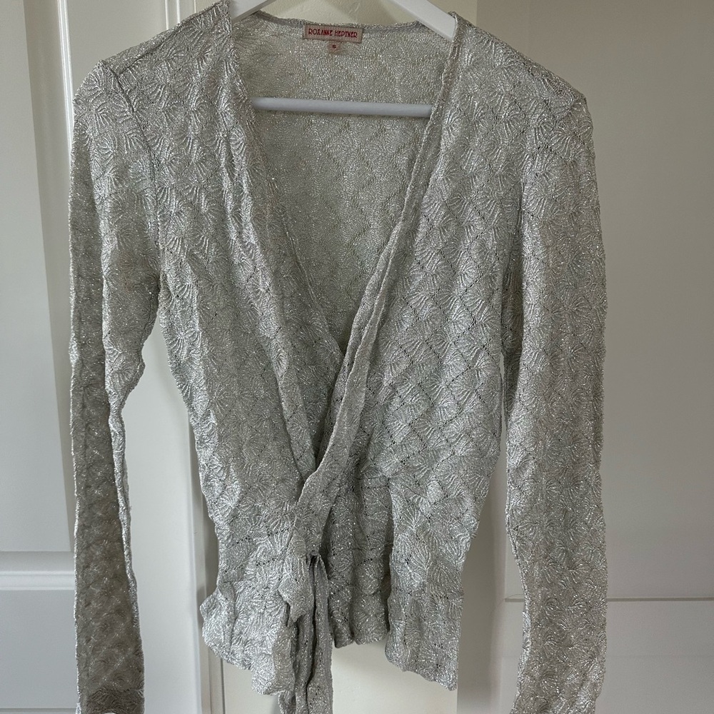 Roxanne Horner Silver Knit Cardigan Wrap Sweater with V-Neck and Ruffled Edges
